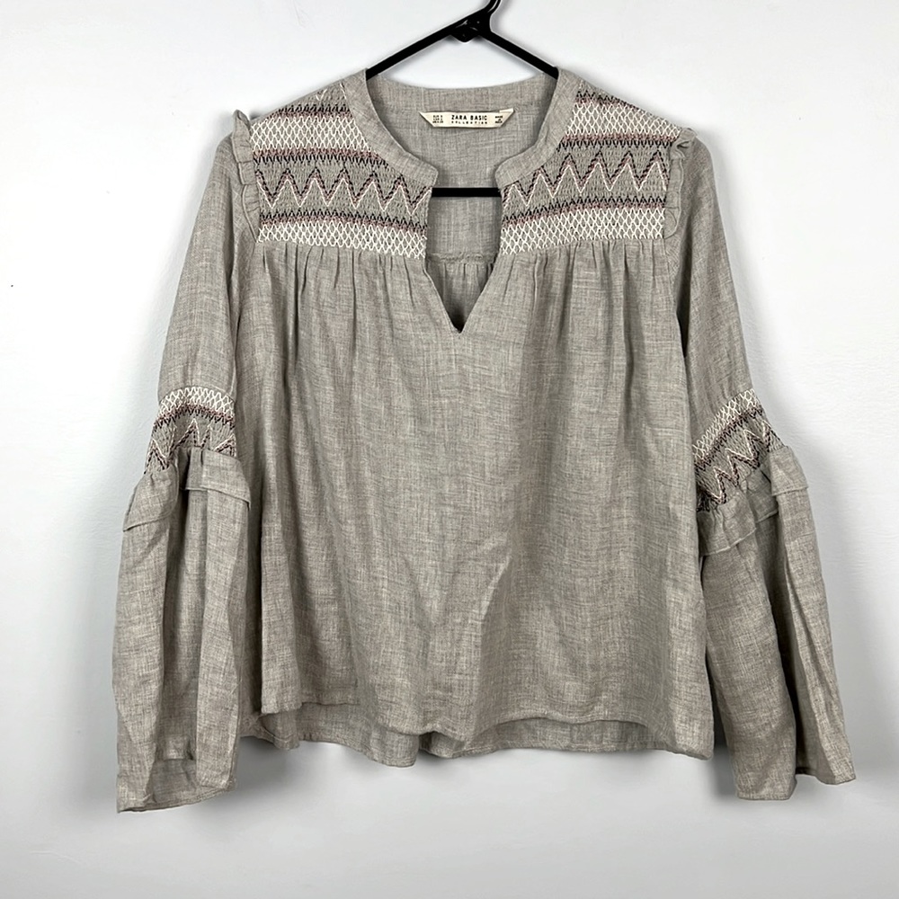 Zara Gray Embroidered Smocked boho peasant style Bell Sleeve Blouse